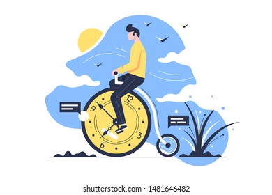 Young handsome man rides time bike on nature background. Isolated concept male character using abstract bicycle of clock. Vector illustration.