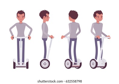 Young handsome man riding an electric scooter, modern urban eco transport, standing pose, street sightseeing, vector flat style cartoon illustration isolated, white background, front, side, rear view