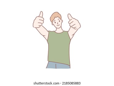 Young handsome man sign doing positive gesture with hand, thumbs up smiling and happy. Cheerful expression and winner illustrator cartoon vector
