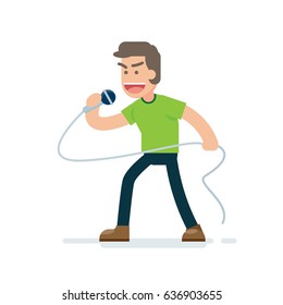 young handsome man singing with microphone, Vector flat illustration.