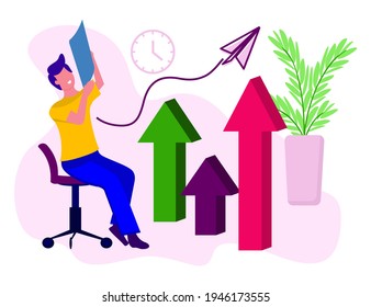 A young, handsome man sits on a chair in the office and looks at the report. Office work, marketing, communications. illustration for a website, mobile app, or article.