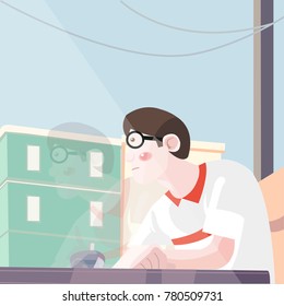 Young handsome man sitting in cafe with a cup of coffee looking outside the window. Waiting and having a little break with copy space.