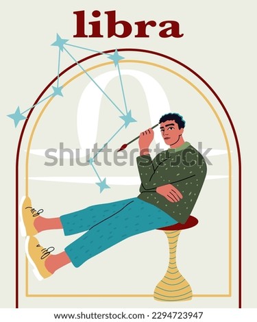 Young handsome man sitting on a chair, balancing. Astrological sign Libra. A concept of zodiac sign. 
