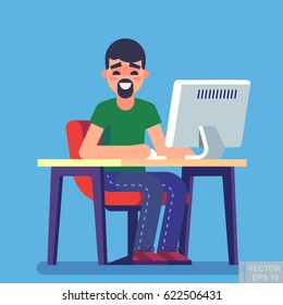 Young handsome man is sitting typing something on the desktop computer and friendly smiling. Business concept office work Freelancing. Modern vector illustration flat style. eps10