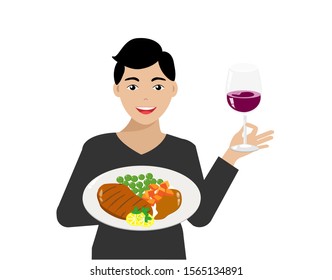 Young handsome man with smiling face holding his cooking, grilled pork/beef steak and glass of red wine. Isolated on white background. Vector Illustration. Idea for cooking/dining at home.