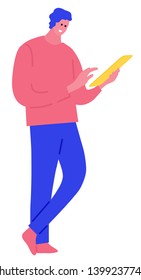 Young handsome man smiling holding tablet and playing games or using a booking app. Technology and internet. Vector flat cartoon illustration concept