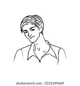 young handsome man with a smirk looks portrait - hand drawn sketch art. attractive man in shirt with unbuttoned shirt collar