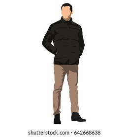 Young handsome man standing in winter clothing. Dark jacket, brown trousers. Hands in pockets. Isolated vector illustration