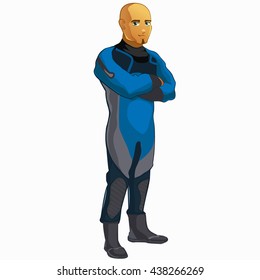 Young handsome man in a suit diver isolated on a white background. Vector cartoon close-up illustration.