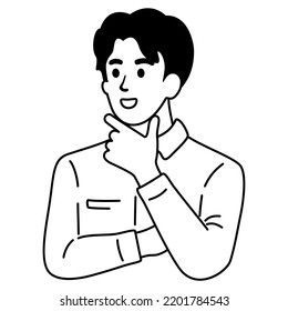 Young handsome man thinking suspiciously looking  with hand on chin pose. Simple outline vector illustration.