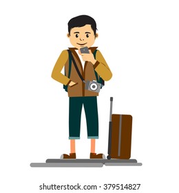 Young handsome man traveler or tourist with travel trolley and camera holding mobile phone as he starts his vacation full length illustration