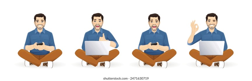 Young handsome man using laptop computer and phone sitting with crossed legs set. Isolated vector illustration