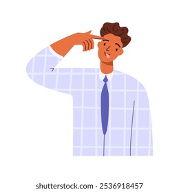 Young handsome man wearing casual cloth pointing to head with one finger, great idea or thought, person with good memory flat cartoon vector illustration. Thinking guy pointing on head