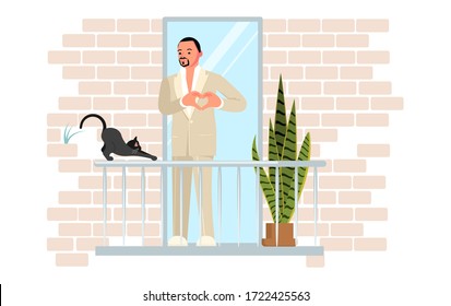 Joven hombre apuesto con un traje blanco canta en el balcón. El gato negro se estira. Actividad y aficiones durante la pandemia del coronavirus. Ilustración de vectores de arte plano