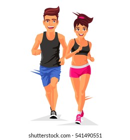 Young handsome man and a woman running. Vector illustration on white background. Sports concept.