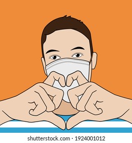 young handsome man wore face mask preventing, prevent, prevented himself from the outbreak in his society and did a love sign