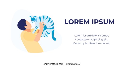 Young Handsome Man in Yellow Shirt Holding Blue Striped Colored Cat in Air Isolated on White Background, Human Animal Relation, People Care of Pets Cartoon Flat Vector Illustration, Horizontal Banner