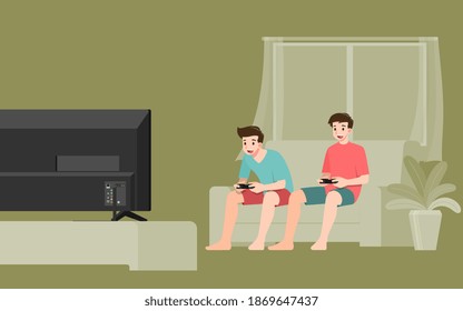 Young handsome men character, playing an console online game by connect the internet on large flat screen television in the living room with friends. The new modern technology device concept.