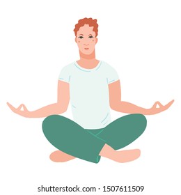 Young handsome men performing yoga exercise. Male cartoon character sitting in lotus posture and meditating vipassana meditation. Girl with crossed legs isolated. Colourful flat vector illustration