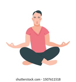 Young handsome men performing yoga exercise. Male cartoon character sitting in lotus posture and meditating vipassana meditation. Girl with crossed legs isolated. Colourful flat vector illustration