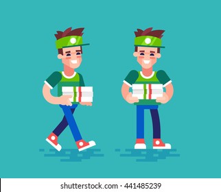 Young handsome pizza delivery guy in uniform holds boxes and friendly smiling. Modern character design - pizza courier in different poses. Vector set in flat design.