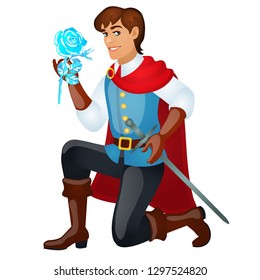 Young handsome prince with a sword holding an ice rose isolated on white background. Vector cartoon close-up illustration.