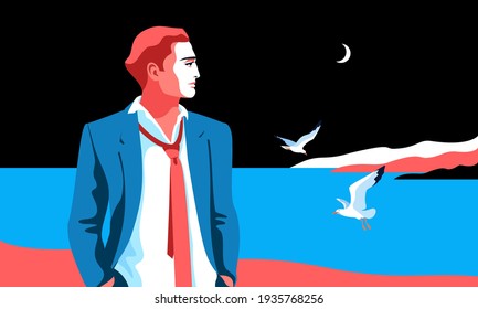 Young handsome redhead man standing on the night beach. Sea background, coast, sky, moon, gulls. Vector illustration