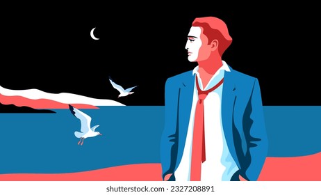 Young handsome redhead man standing on the night beach. Sea background, coast, sky, moon, gulls. Vector illustration