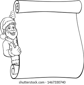 Young handsome Santa Claus Christmas cartoon character peeking around a scroll sign and giving a thumbs up
