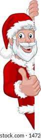 Young handsome Santa Claus Christmas cartoon character peeking around a sign and giving a thumbs up

