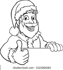 Young handsome Santa Claus Christmas cartoon character peeking over a sign and giving a double thumbs up