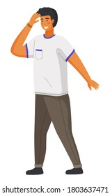 Young handsome smiling man in casual modern clothes like shirt and pants flat vector illustration. Guy covers his face with his hand, person goes looking forward isolated on white background