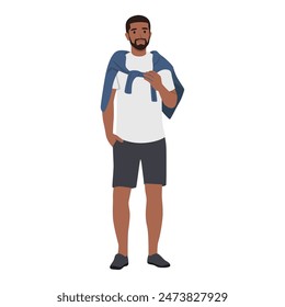 Joven guapo joven elegante posar para modelo de moda. Ilustración vectorial plana aislada sobre fondo blanco