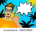 Young handsome surprised blond man in sunglasses with open mouth pointing on speech bubble on summer background. Comic man in retro style. Vector illustration in pop art style. Pop art summer man.