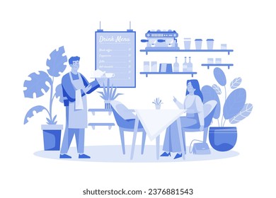 Young Handsome Waiter Servicing Girl Customer in Cafe