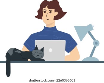 Young handsome woman working with laptop and cat sleeping on the table vector illustration