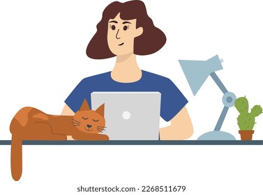 Young handsome woman working with laptop and cat sleeping on the table vector illustration