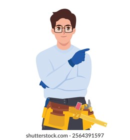 Young Handyman in overalls and tool belt pointing finger to give advice or recommendation. Flat Vector character illustration