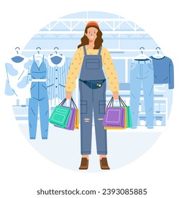 Young happiness joyful shopaholic stylish fashionable woman girl female at retail mall store carrying shopping bags