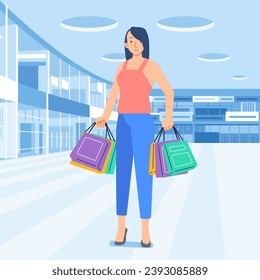 Young happiness joyful shopaholic stylish fashionable woman girl female at retail mall store carrying shopping bags