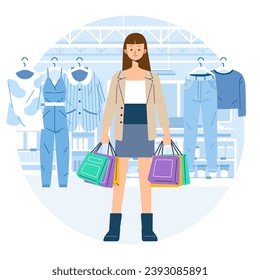 Young happiness joyful shopaholic stylish fashionable woman girl female at retail mall store carrying shopping bags