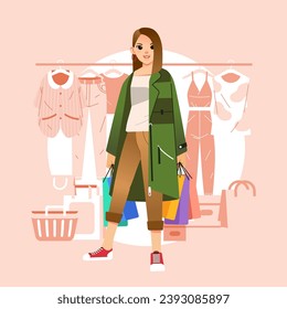 Young happiness joyful shopaholic stylish fashionable woman girl female at retail mall store carrying shopping bags