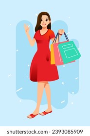 Young happiness joyful shopaholic stylish fashionable woman girl female at retail mall store carrying shopping bags