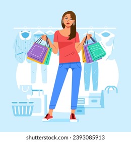 Young happiness joyful shopaholic stylish fashionable woman girl female at retail mall store carrying shopping bags