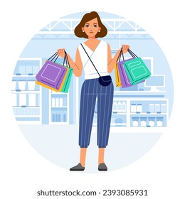 Young happiness joyful shopaholic stylish fashionable woman girl female at retail mall store carrying shopping bags