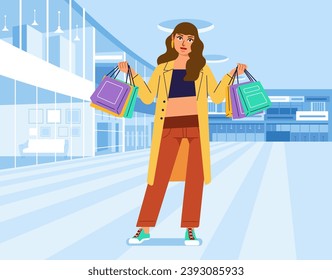 Young happiness joyful shopaholic stylish fashionable woman girl female at retail mall store carrying shopping bags