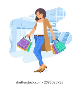 Young happiness joyful shopaholic stylish fashionable woman girl female at retail mall store carrying shopping bags