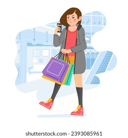 Young happiness joyful shopaholic stylish fashionable woman girl female at retail mall store carrying shopping bags