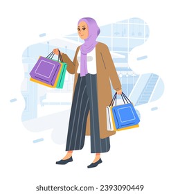 Young happiness joyful shopaholic stylish fashionable woman girl hijab muslim female at retail mall store carrying shopping bags