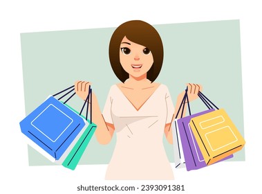 Young happiness joyful shopaholic stylish fashionable woman girl female at retail mall store carrying shopping bags